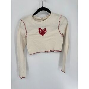 Urban Outfitters Tres Bien Crop Top Womens L Cream Red Good Lettuce Edge Stitch